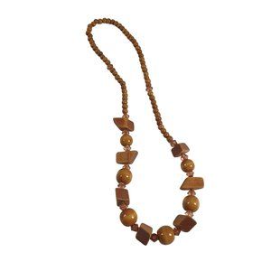 Wooden Bead Necklace Womens Vintage Jewelry 28" Length Handmade Costume